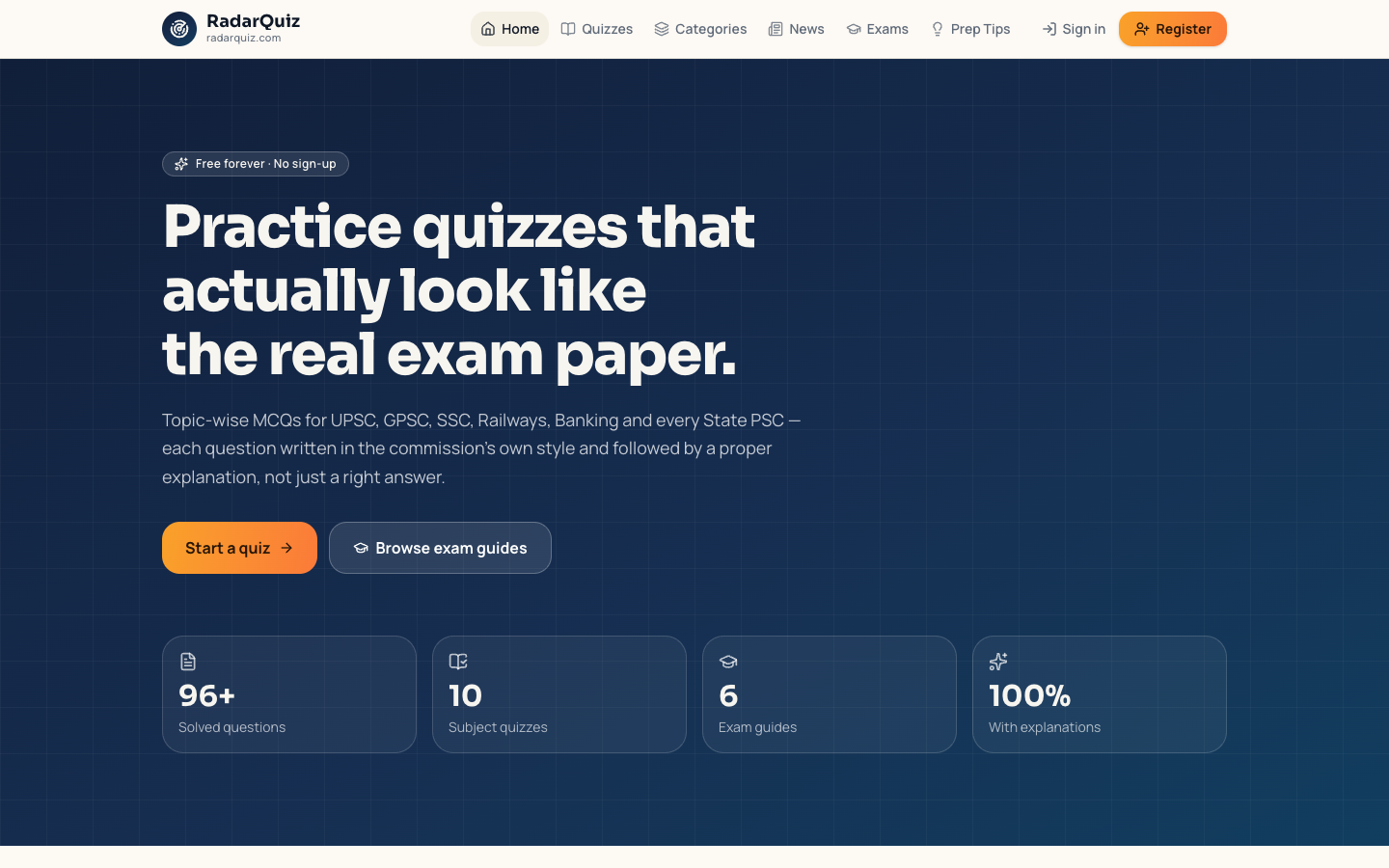 RadarQuiz homepage — practice quizzes for UPSC, GPSC and State exams