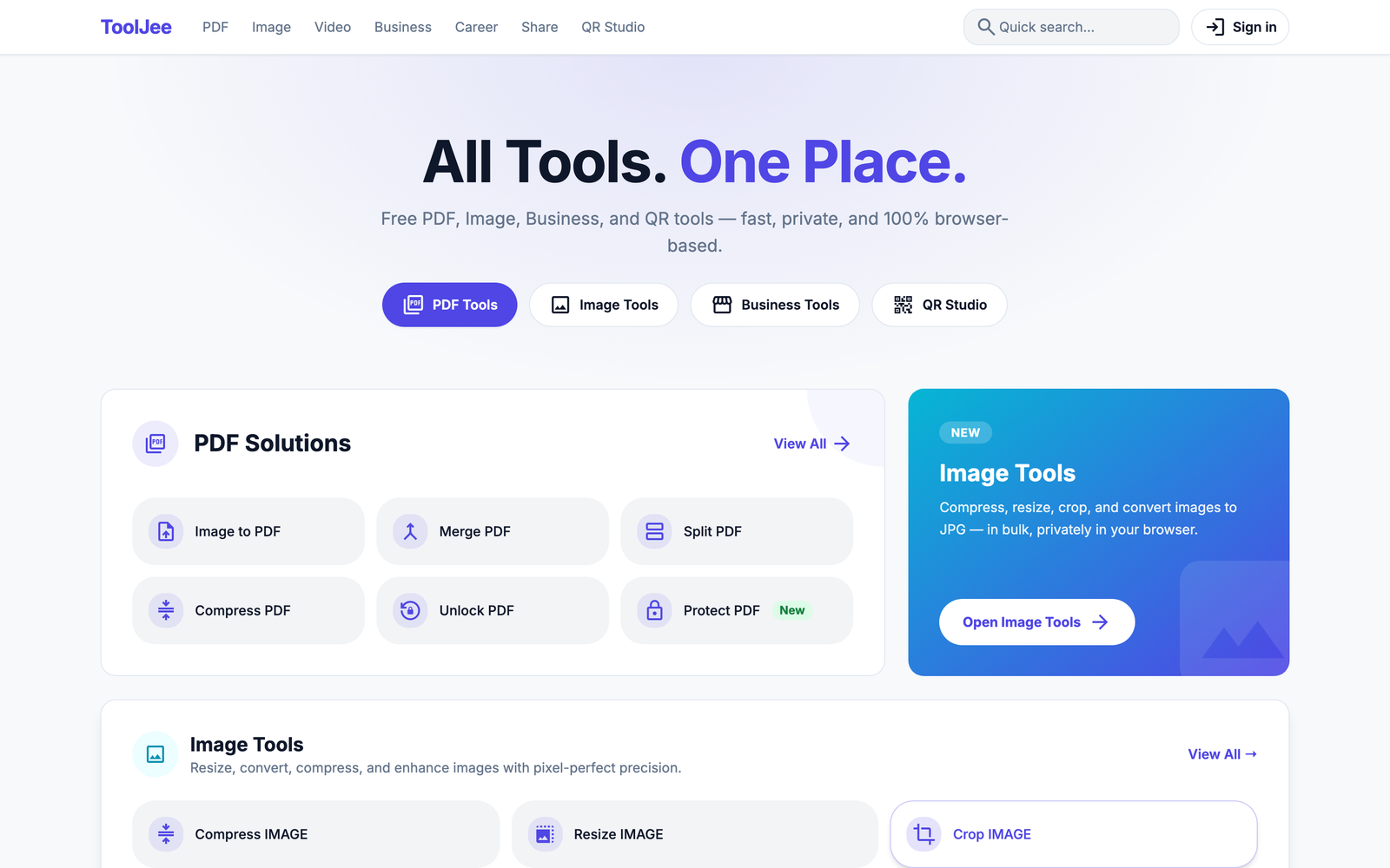 ToolJee homepage — All Tools. One Place.